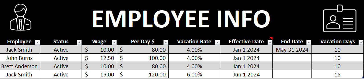 Vacation accrual template showing Employee Info information.