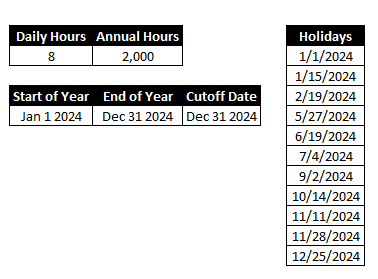 Vacation template with fields for holidays, daily hours, and date cutoffs.