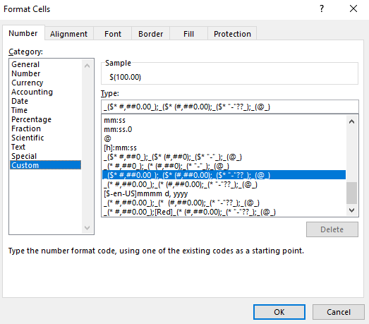 The accounting format in microsoft excel.