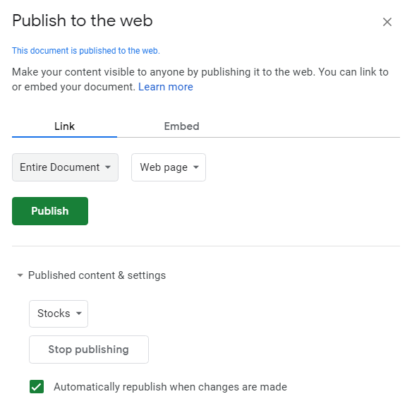 publish to web google sheets