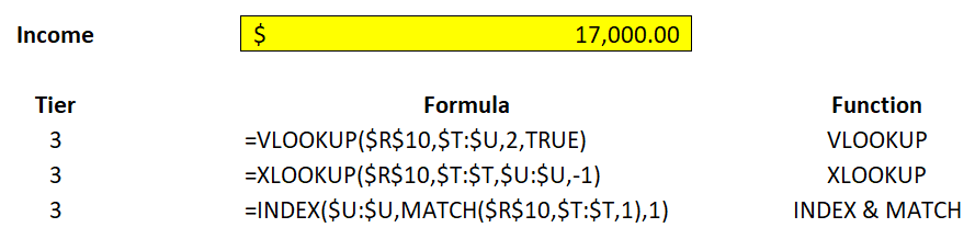 doing a lookup for tax brackets using xlookup vlookup and index match