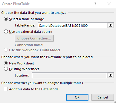 create pivot table selection