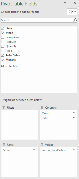 pivot table fields layout