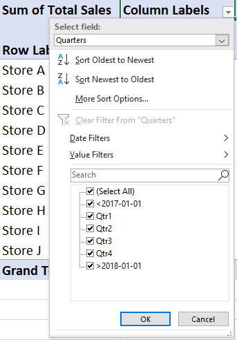 Pivot table showing option to select certain periods to filter by.