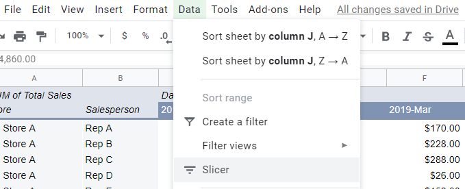 adding a slicer to a pivot table in google sheets