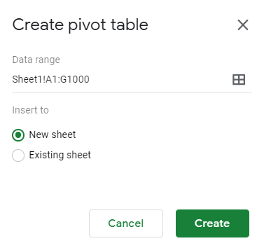 Menu to select where to create the new pivot table.