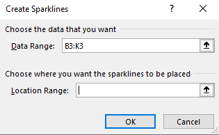 Create sparklines dialog box in Excel.