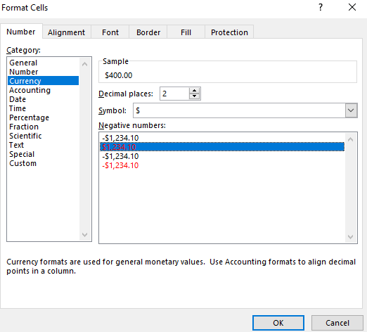 Formatting cells to show negatives in red.