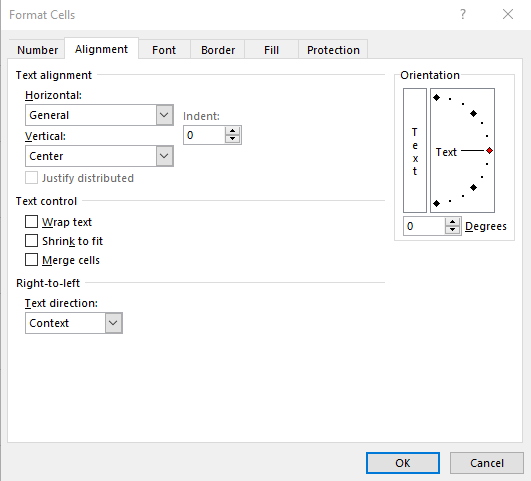 Format cells alignment options.