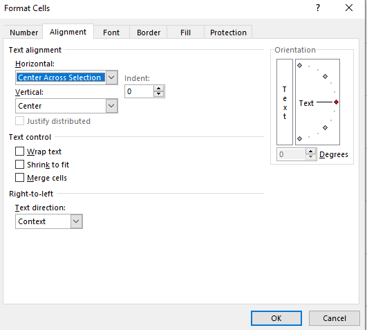 Format cells menu selecting center across selection.