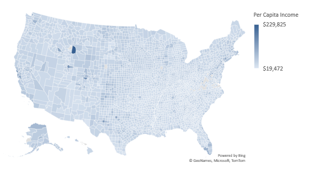 A map chart that shows per capita income by county.