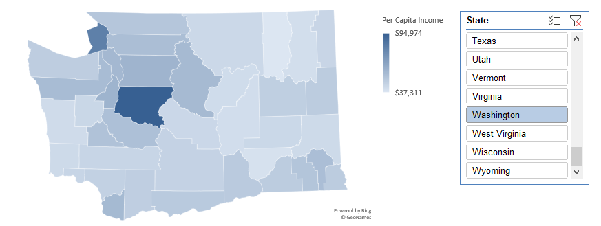 Map of Washington showing country per capita income.