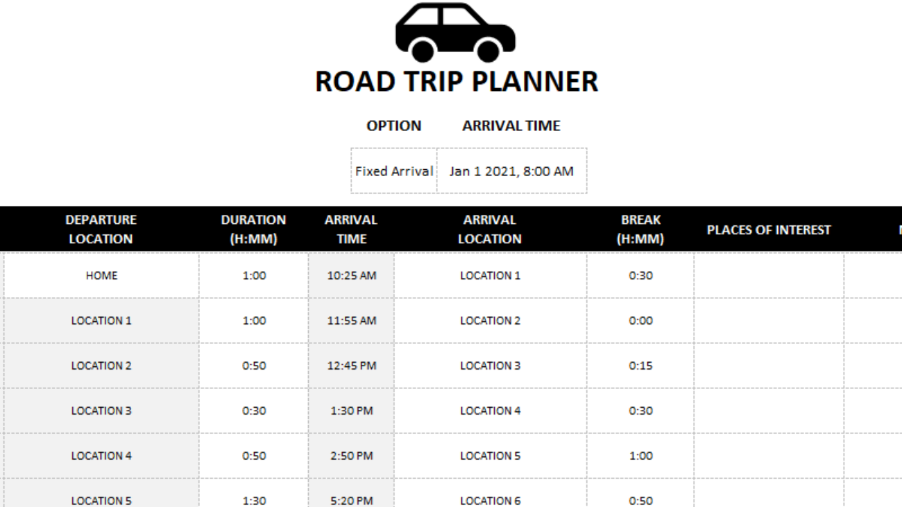 Road Trip Itinerary Planner Road Trip Planner Template - Howtoexcel.net