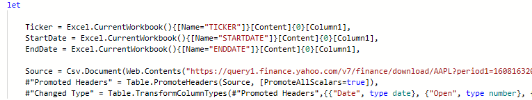 Power query editor after adding variables.