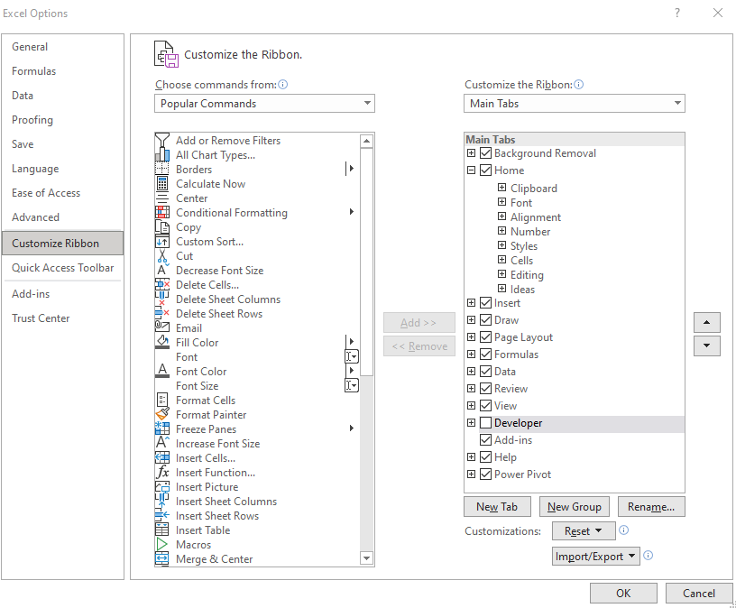 Enabling the developer tab on Excel.