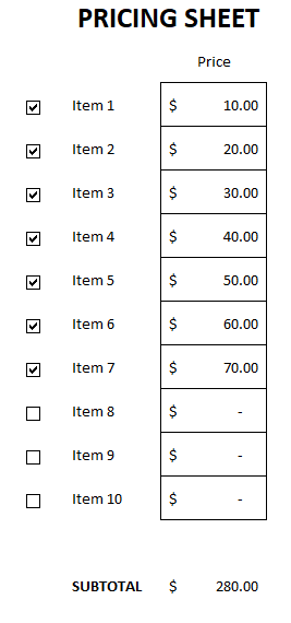 Example pricing sheet with checkboxes.