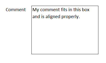 Comment box filled in with top-left alignment and wrap text enabled.