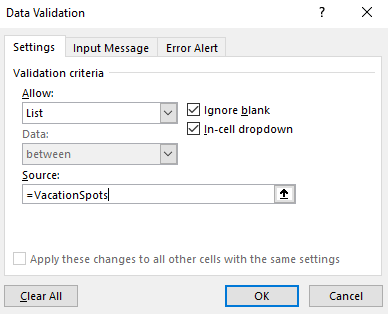 Entering in data validation in Excel.