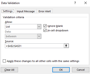 Data validation list in Excel.