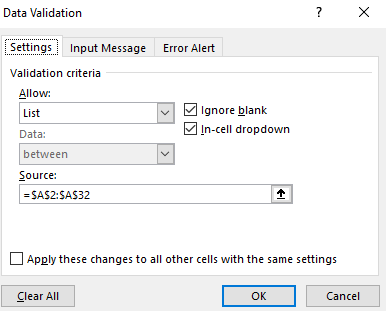 Data validation list in Excel updated.