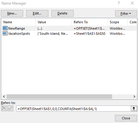 Named range in Excel using the Offset function.