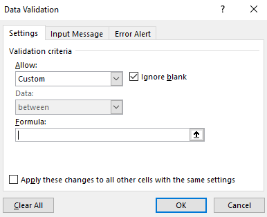 Creating a custom formula for data validation in Excel.