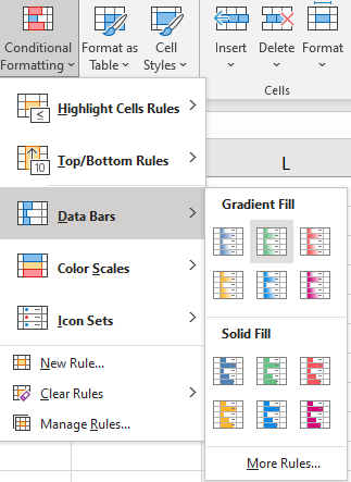 Selecting data bars under the conditional formatting section.