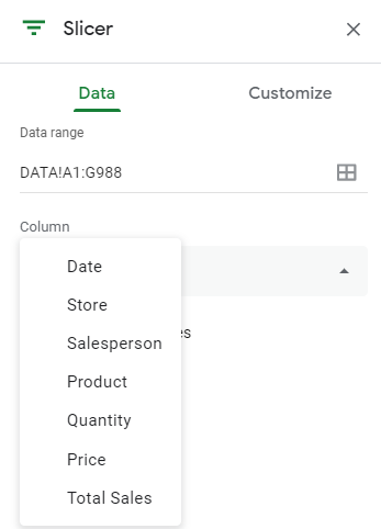 Selecting the column to use in a slicer.