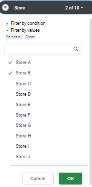 Applying filters for slicers in Google Sheets.