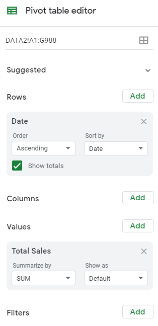 Pivot table editor in Google Sheets.