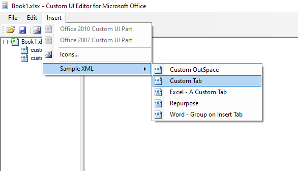 Inserting sample XML from the Custom UI Editor.