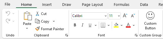 Custom group and button showing on the home tab after the Font group.