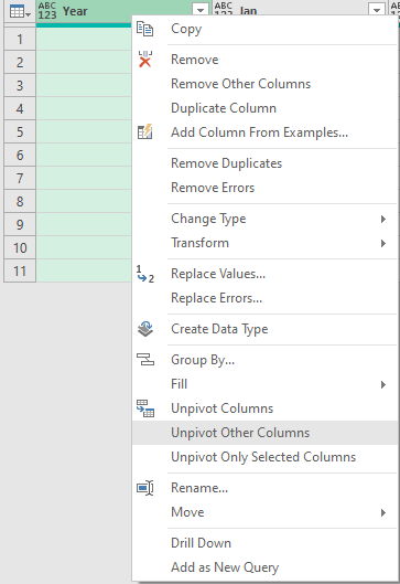 Select Unpivot Other Columns from the menu.