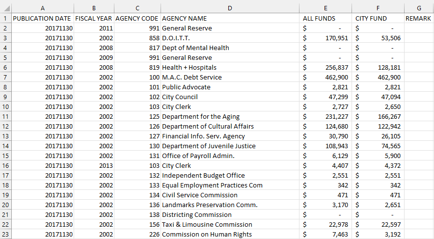 City of New York Expenses in Excel format.