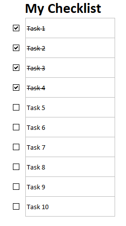 Checklist created with tasks, checkboxes, and strikethrough effects.