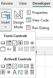 The Insert menu under the Developer tab.