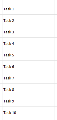 List of tasks in Excel.