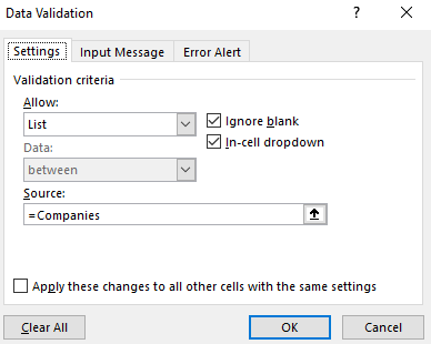 Data validation list using the company names as options.