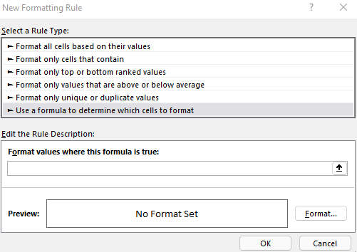 Creating a new conditional formatting rule using a formula.