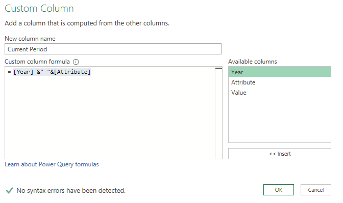 Creating a custom column in Power Query to join year and month.