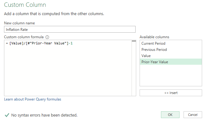 Calculating the inflation rate in Power Query.