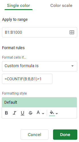 Creating a conditional formatting rule in Google Sheets.