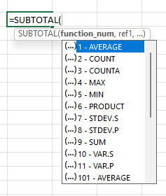 Selecting the argument for the SUBTOTAL function in Excel.