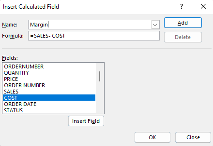 Creating a calculated field for the margin.