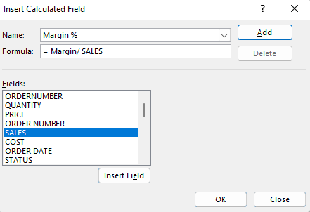 Creating a calculated field in a pivot table to determine the margin percentage.