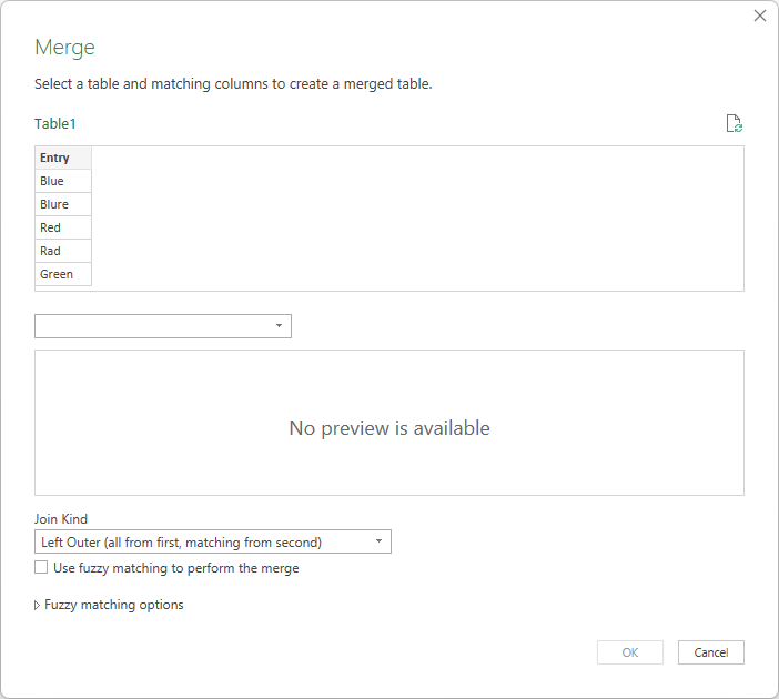 The merge queries window in Power Query.