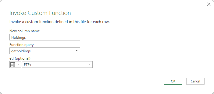 Invoking a custom function in Power Query.