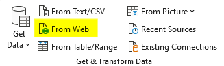 Using the From Web button on the Get & Transform Data section in Excel.