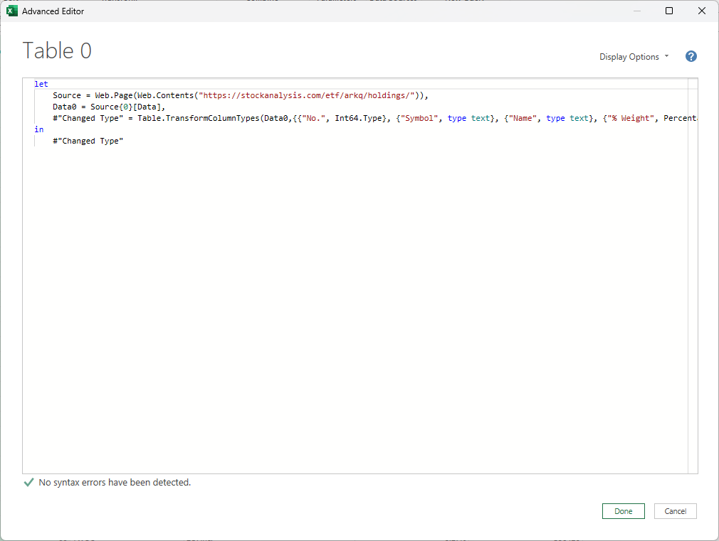 Power Query advanced editor showing the code to extract data from a web page.