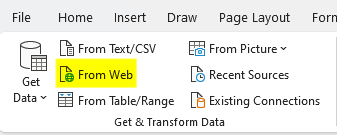 Select the From Web option in Get & Transform Data to set up Power Query so that it connects to a certain web page.